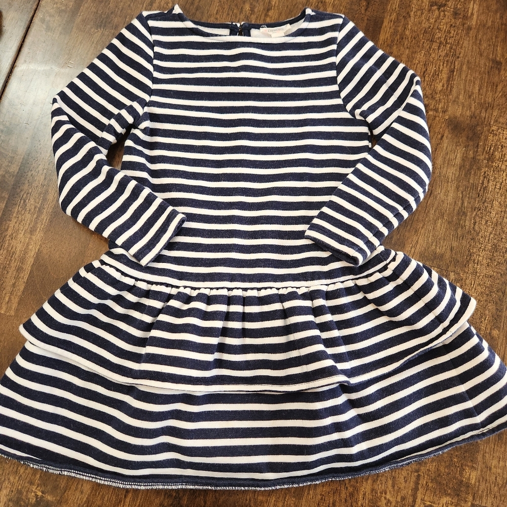 J.Crew Crewcuts Girls Navy and White Striped Kids Fleece Ruffle Dress, Size XS
